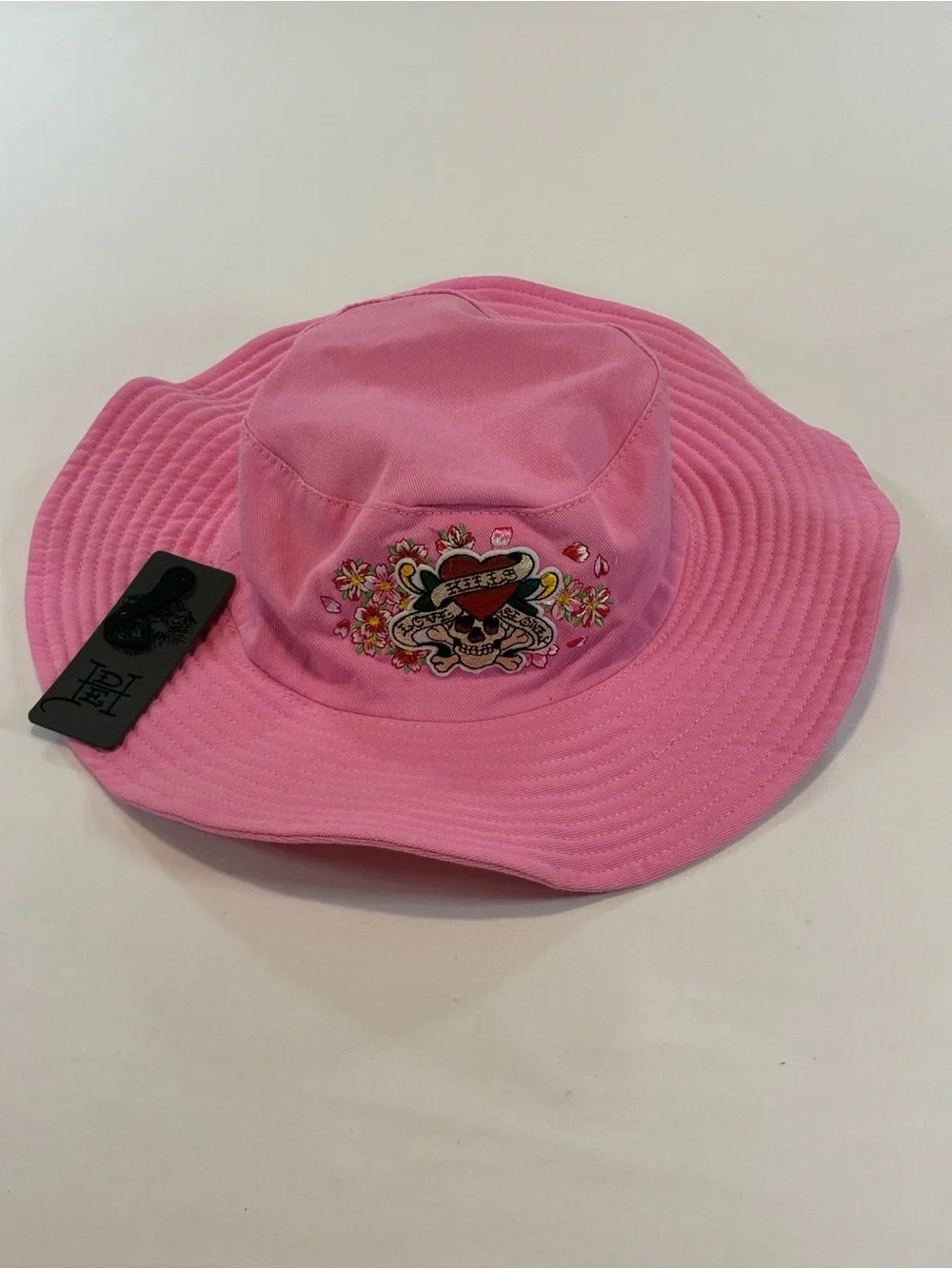 Ed Hardy Pink Bucket Hat with Heart Skull Embroidered Patch